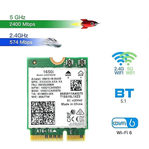 1650i AX201NGW WiFi-kort 3000Mbps WIFI6 2.4G/5G Dual-Band Cnvio2 Bluetooth 5.1 Trådløs WiFi Adapter-B14