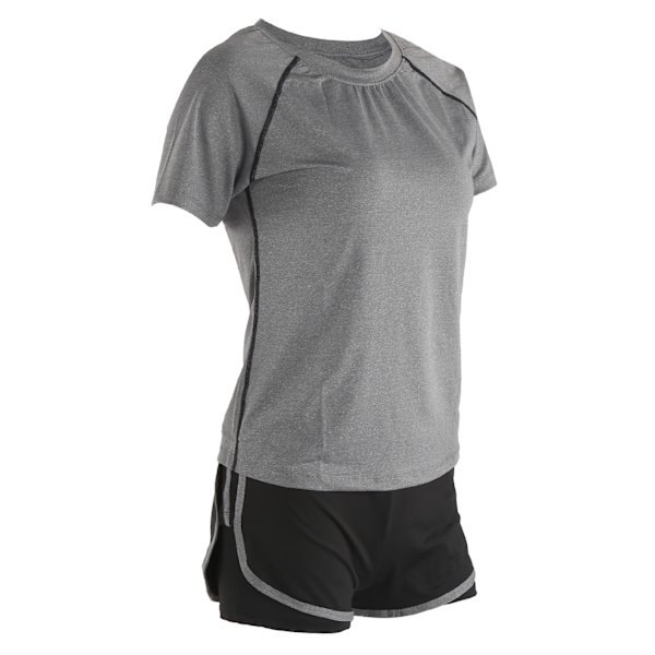 Dam sommar casual 2-delad kortärmad outfit set träningskläder fitness kläder set grå kortärmad + svart grå hög midja shorts L