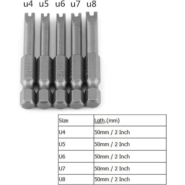 5 stk. 50 mm S2 legeret stål U-formede skruetrækkerbits 1/4\" sekskantet skaft U-formet magnetisk skruetrækker