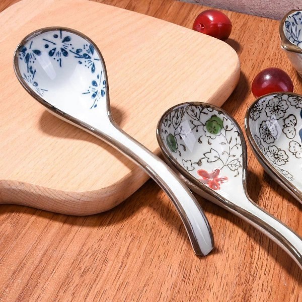 Japanske og koreanske keramiske suppeskjeer sett med 4 (tilfeldig), håndmalte, buede skjeer, lange risskjeer (tilfeldig)