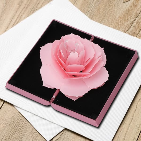 3D Rose Pop-up Ring Box Bryllup Forlovelse Smykkeoppbevaringsstativ Ringholder (Rosa)