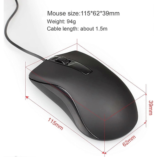 USB Kablet Mus, Gaming Mus, Ambidextrous, 2400 DPI Kompatibel med PC/Mac/Laptop/Laptop/Desktop 1.5M Kabel (Sort)