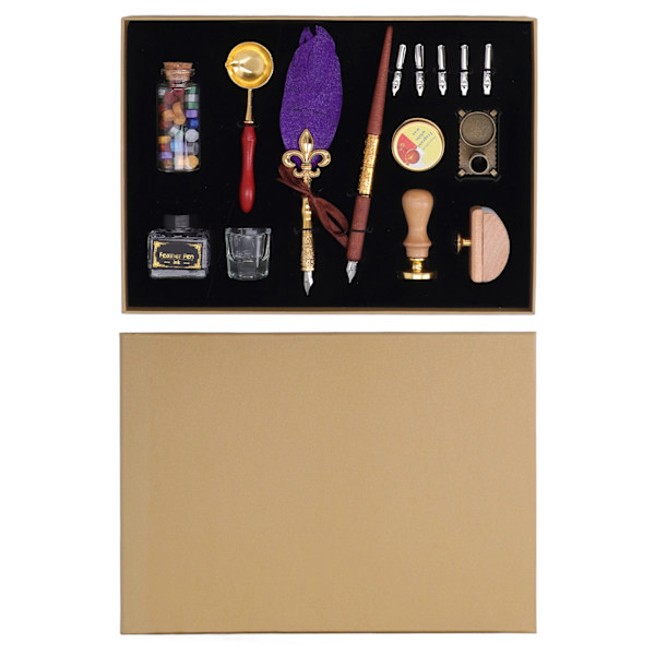 Fjäder Pen Set Retro Utsökt Quill Pen Spets Smältvax Sked Bas Bläck Stämpel Kalligrafi Pen Quill Pen Kit Lila