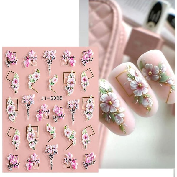 3 ark 3D Flower Nail Art Stickers Selvklæbende Manicure Decals