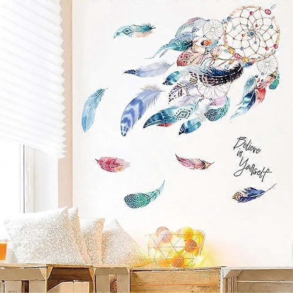 Akvarell barneveggklistremerker DRØMMEFANGER i fjær (105x90 cm) I fargerike klistremerker veggklistremerke barnerom barnehage baby gutt Dekorasjon