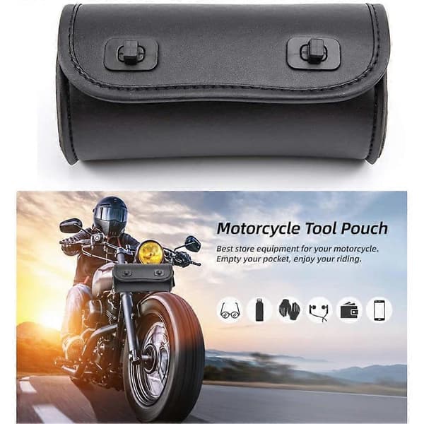 Motorcycle Fork Bag PU Leather Handlebar Tool Bag Sissy Bar Roll Bag Saddlebag with 2 Straps, Un black