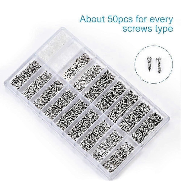 1000 st Rostfritt Stål Glasögon Klocka Reparationsskruv Ersättningskit Set Små Skruvar Mutter Sortiment Reparationsverktyg Kit Set
