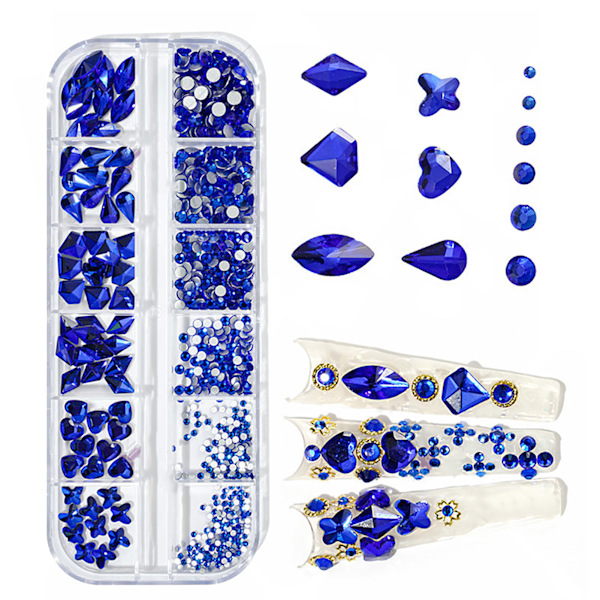 Nagelkonst Dekorationer Set 12 Galler Olika Former Platt Botten Manikyr Dekorativa Ornament för Nagelsalong Rhinestone Blå