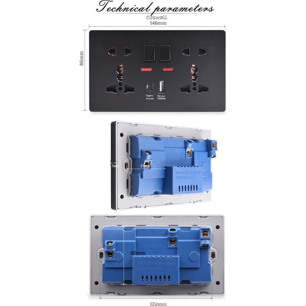 146PC 13A Stikkontakt med utenbordsbrytere og dobbel USB (A+C) 5V, multifunksjonell 5-hulls hurtigladekontakt, gull