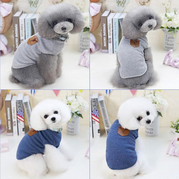 Sett med 2 T-skjorter i minimalistisk bomull for små hunder og katter, blå og grå, egnet for chihuahuaer, små rasekatter, 100 % bomull