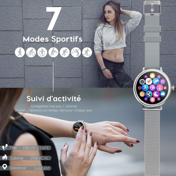 Damesports-smart-ur med vandtæt puls, blodiltmåler, kaloriemåler og skridttæller - sølv