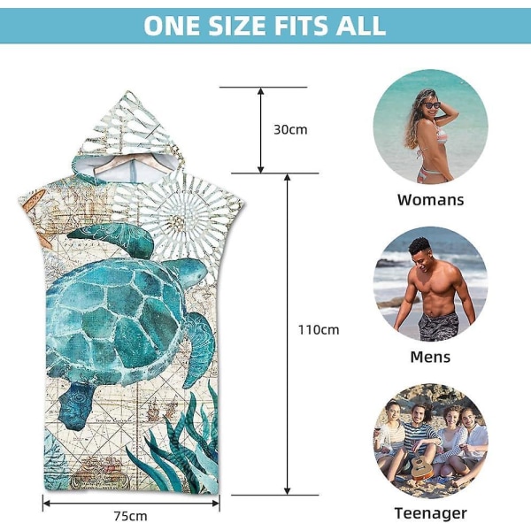 Turtle Surf Poncho håndklæde - Hurtigttørrende mikrofiberstof, strandkåbe med hætte til voksne