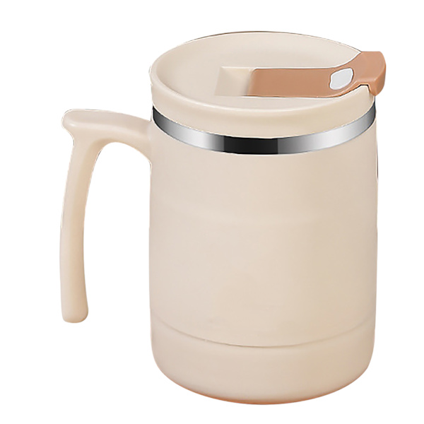 500 ml isolert kaffekopp med lokk, sammenleggbar skje, rustfritt stål, termokopp for te, varm kakao, kald drikke, beige