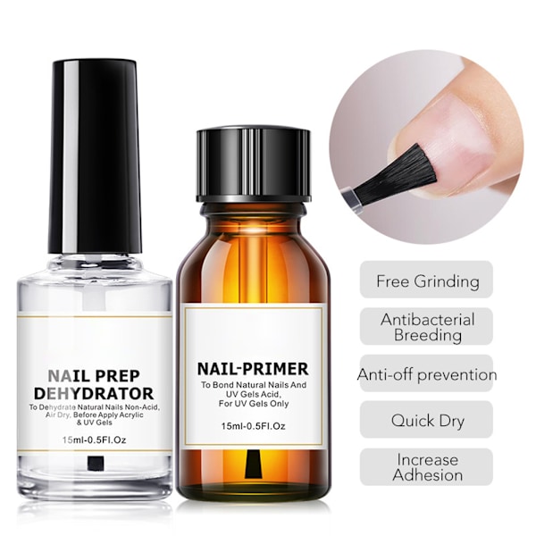 Negledehydrator og Primer Langvarig Negleforberedelse Dehydrer og Syrefri Bonding Primer Sæt til Akrylpulver og Gel Neglelak