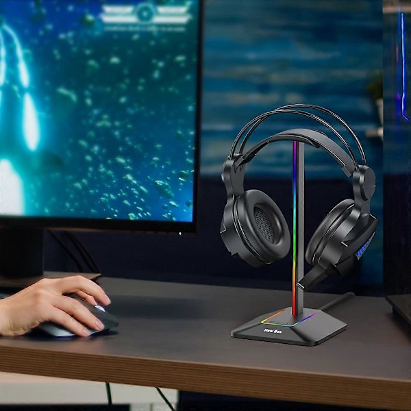 Hovedtelefonholder, RGB hvid hovedtelefonholder med 3-ports USB-hub Gamer headsetholder med baggrundsbelyst surround sound