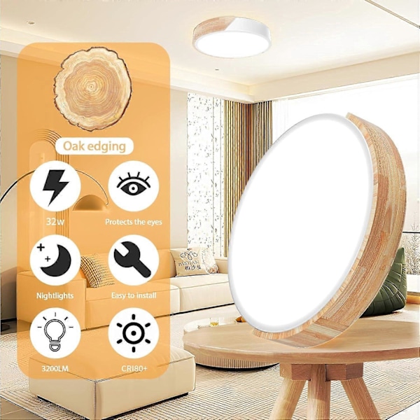 Loftslampe i træ, dæmpbar loftslampe 3000K-6000K, fjernbetjent LED loftslampe, 18W moderne lampe, 30CM, hvid