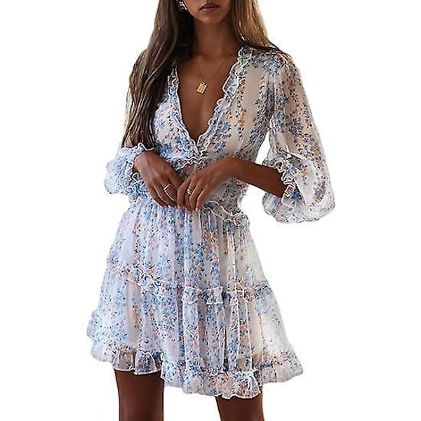 Dame 2022 Efterår Sommer Dyb V-hals Flæse Langærmet Blomsterprint Mini Kjole hvid XL