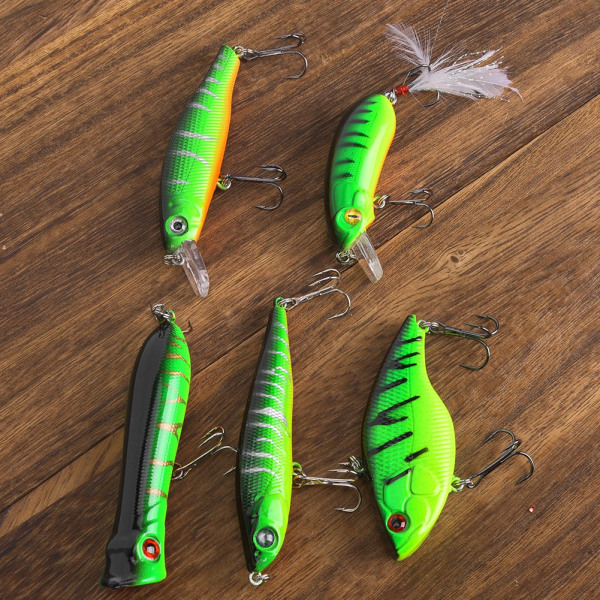 5 Styck Bete Fisk Lure Set med skarpa Diskant Krok Fiskeredskap Grön