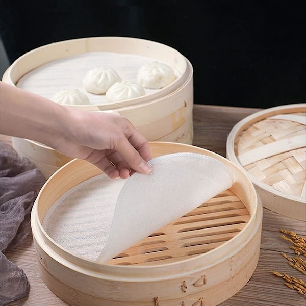 10 Stykker Gjenbrukbar Bambus Steamer Pad, Dampmatte, Non-Stick Bambus, Dumpling Steamer Pad, for Dampkurver, Steamer, Dim Sum, 28cm Hvit