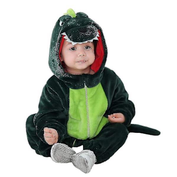 Dinosaur Kostume til Småbørn med Hætte - Dyre Onesie til Børn Halloween 18-24 Måneder - Mørkegrøn