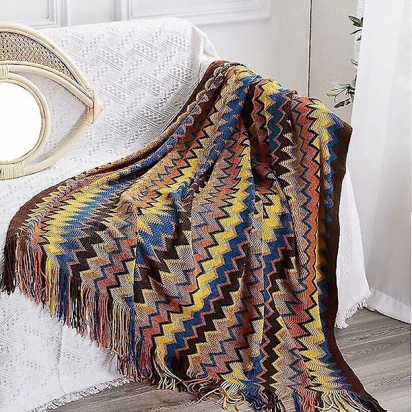 Stor Rutig Bohotäcke Stickad Filt 130 X 230cm i Akrylfiber med Fransar för Soffa Fåtölj Sovrum Säng (Orange),