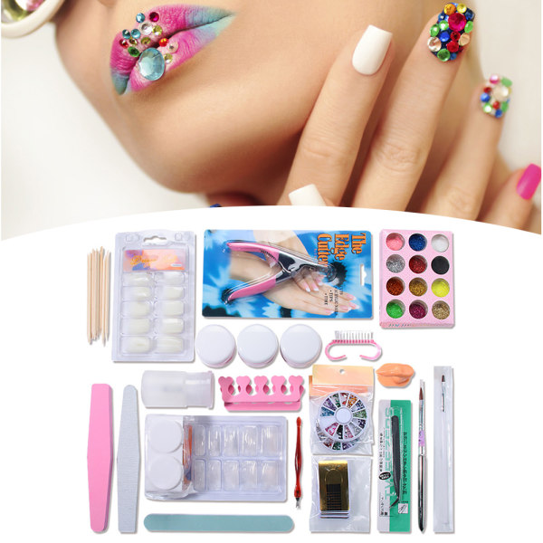 DIY Nail Art Set Akrylpulver Nageltips Nail Art Tools Kit för hemmanagelsalong