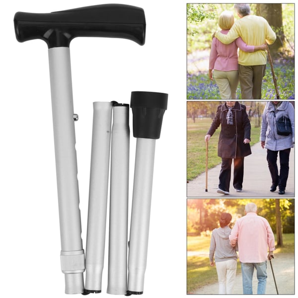 Bärbar aluminiumlegering Frostad Anti-sladd Äldre Walking Stick Multifunktion Vikbar Ultralätt TBR-handtag Käpp Silver Vit