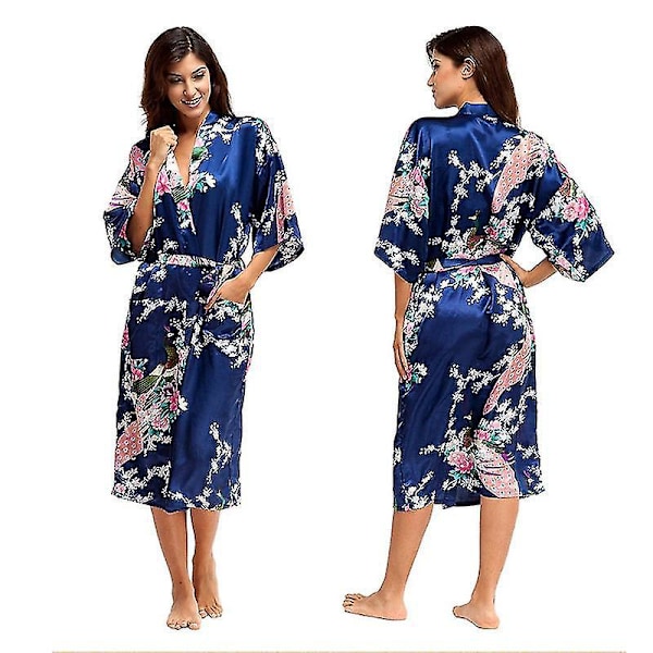 Luksuriøs silkesateng kimono-morgenkåpe - Elegant damebadekåpe for nattøy og sovetøy 2XL mørkeblå