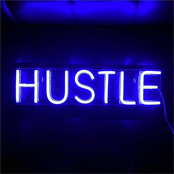 Hustle Neonkyltti seinäkoristeeksi - Suuri 50x12,7 cm LED-neonkyltti, USB-liitäntäinen tyylikäs kuntosalikyltti toimiston taidekoristeeksi, miehenhuoneeseen, pelihuoneeseen (sininen)