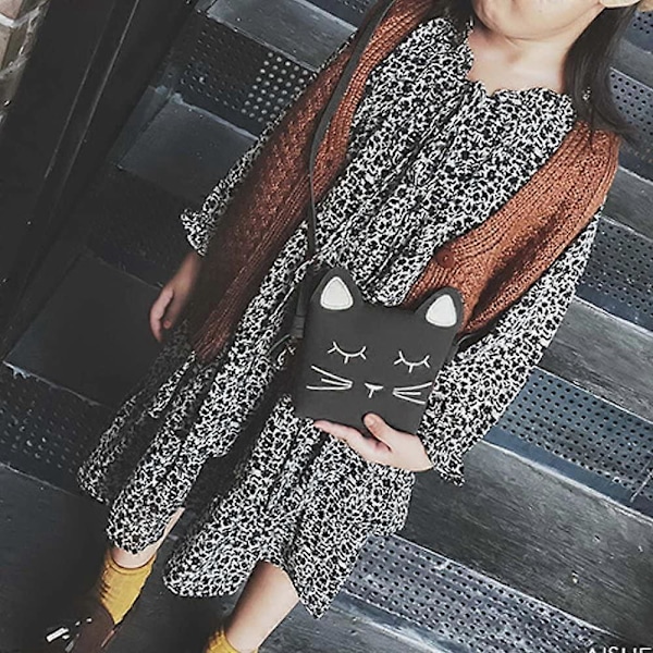 Söt Liten Flickväska Handväska, Prinsessa Mini Väskor, Katt Crossbody Messenger Väska Svart