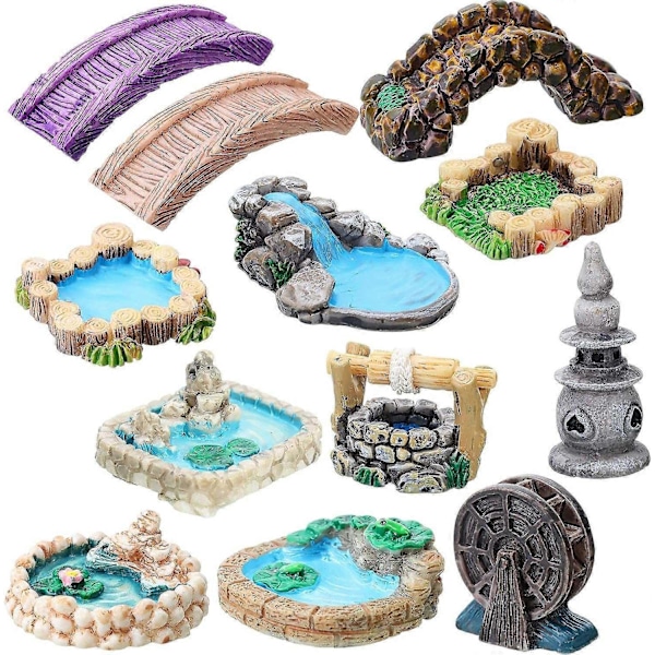 Passende 12 Stykker Eventyrhave Tilbehør Miniature Have Bro Figurer Mini Fyr Vand