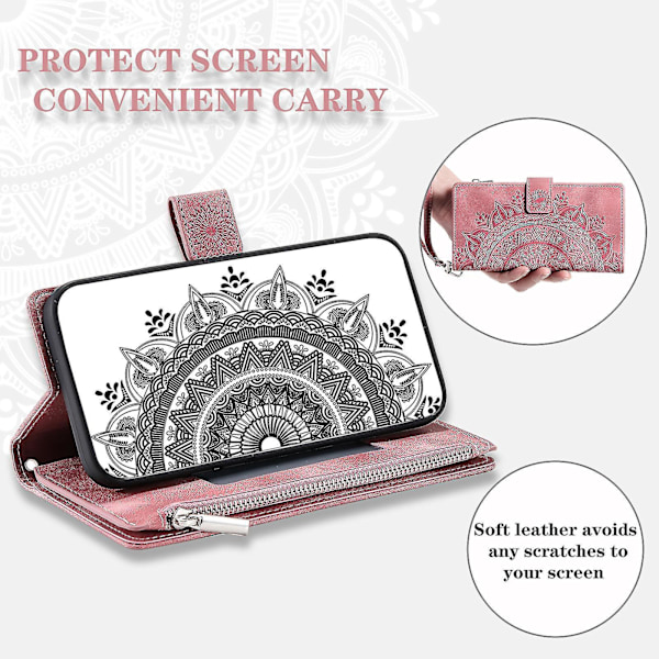 För Samsung Galaxy A54 5G PU Läder Mandala Blomma Präglat Handväska Blixtlåsficka Fodral Ställ Flera Kortplatser Flipskydd med Rem-B6 Roséguld