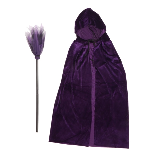Violetti Wizard -hupullinen viitta Pehmeä Mukava hupullinen samettiviitta Wizard Broom Halloween-asut Cosplay-peliin