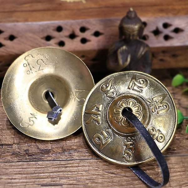 Käsintehty tiibetiläinen meditaatiokello - Onnen symboli reliefillä, joogan messinkikello