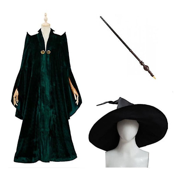 Minerva McGonagall Cosplay-dräkt Grön kappa med mantel, hatt och trollstav kappa med hatt trollstav L