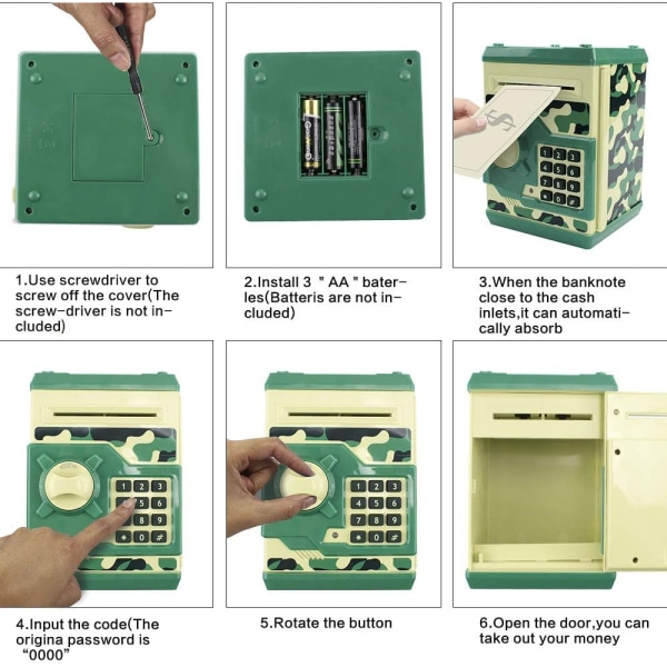Kids Toy Piggy Bank, Mini ATM Elektronisk banktjenester for mynter og sedler med kode og automatisk pengerulling for gutter, jenter (Green Camo)