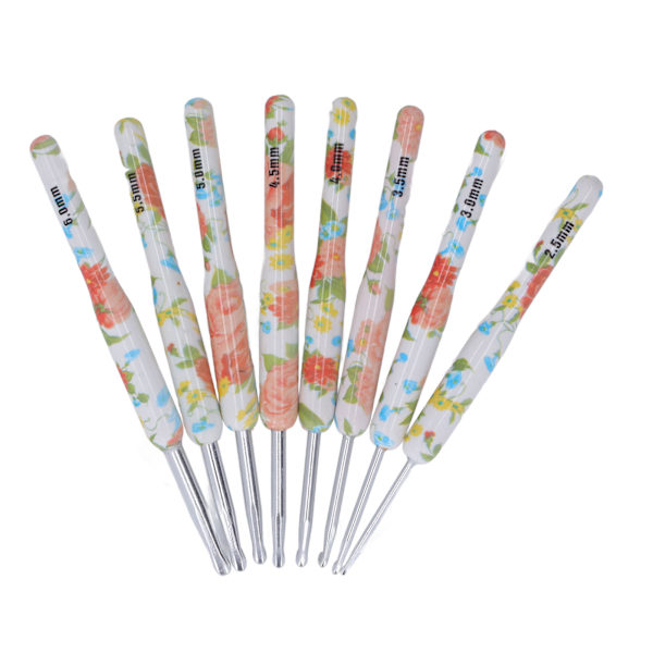 8 st Virknål Set Utskrift Aluminium Hantverk DIY Färgglad virknål Ergonomisk sticknål för stickare för sömnad Gul liten blomma