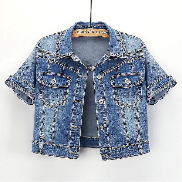 Sommarkortärmad denimjacka för kvinnor - koreansk modekappa XL M mörkblå