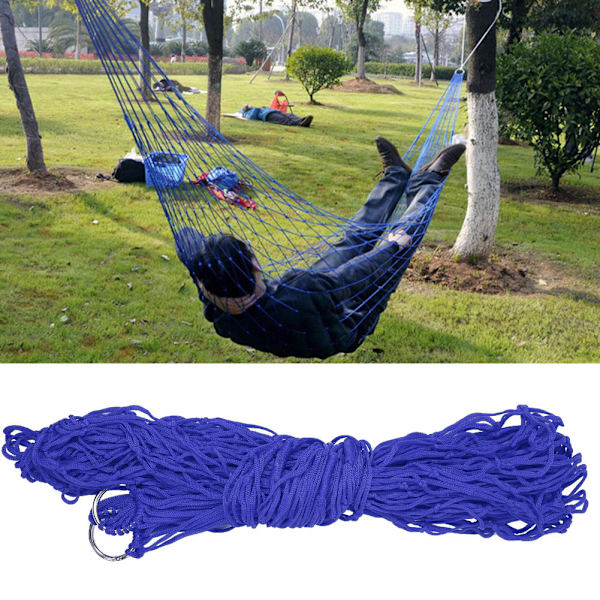 Bekväm dubbel gunga hängande säng nylon mesh hängmatta för utomhuscamping (blå)