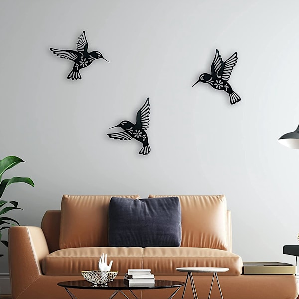Hummingbird Metalliseinätaide, 3 kpl, Musta, 9 tuumaa, Koristeelliset Ripustukset Olohuoneeseen, Makuuhuoneeseen, Kylpyhuoneeseen, Keittiöön, Parvekkeelle