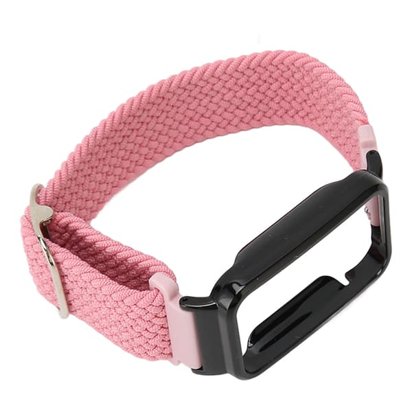 Flätad Loop Rem för Mi Band 7 Pro Justerbart Elastiskt Nylon Loop Armband med Skyddsram Rosa Band Svart Fodral