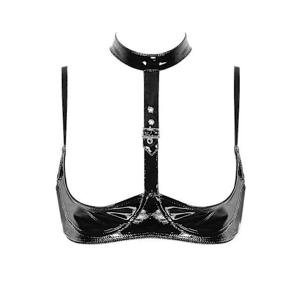 Sexet Wet Look Laklæder Lingerie Halter Top med Justerbare Spaghetti Stropper og Åbne Kopper S Sort