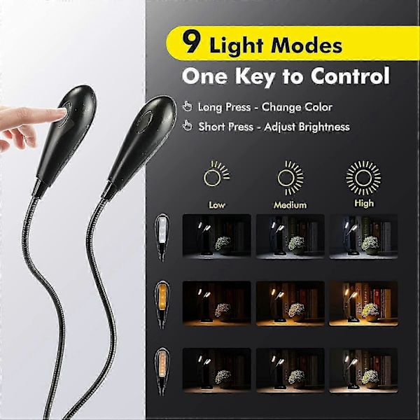 Oppladbar Leselampe, 14 LED-er 3 Farger 9 Moduser Justerbar Lysstyrke Leselampe, 360 Clip-on Lampe, Bærbar og Fleksibel Trådløs Neck_SZXM