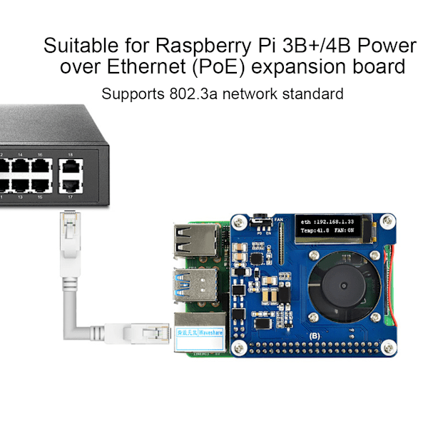 Utvidelseskort Kjølevifte Modul for Raspberry Pi 4b 3b POE Ethernet Strømforsyning Ombord Vifte