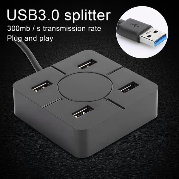 Hub USB3.0 Splitter 4-i-1 Dokkingstasjon 4-Port Multipurpose Laptop Tilbehør for Utvidelse Svart