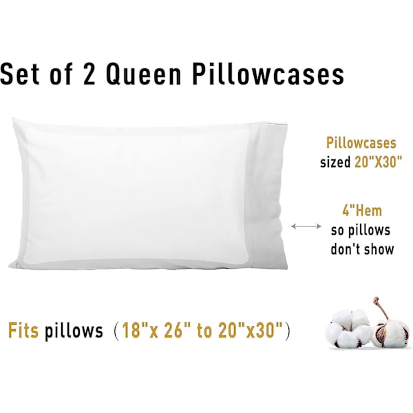 Set med 4 bomullsörngott för queen size, 20x30 tum, mjuka, andningsbara, ljust vita