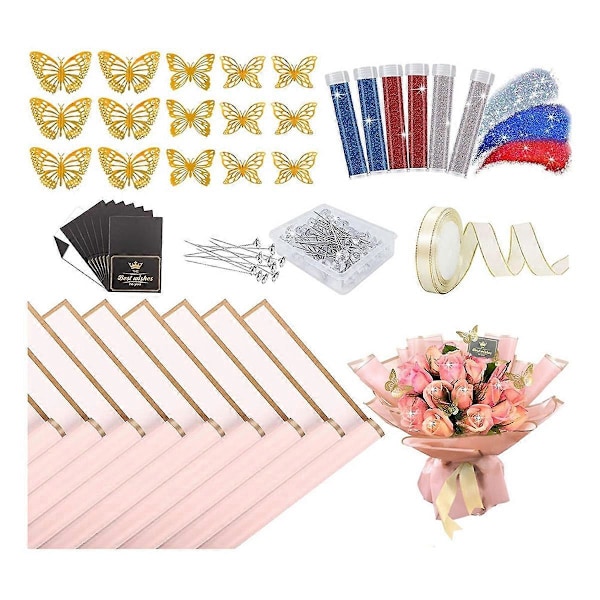 20 ark blomsterinnpakningspapir, rosa