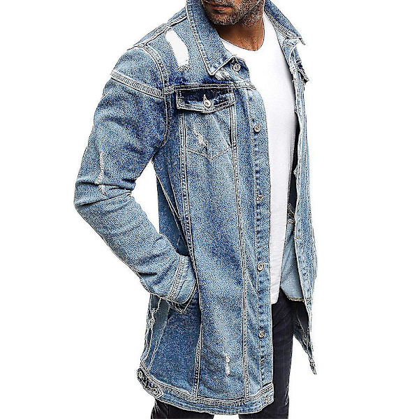 Langærmet slidt denimjakke til mænd med lommer 2XL lyseblå