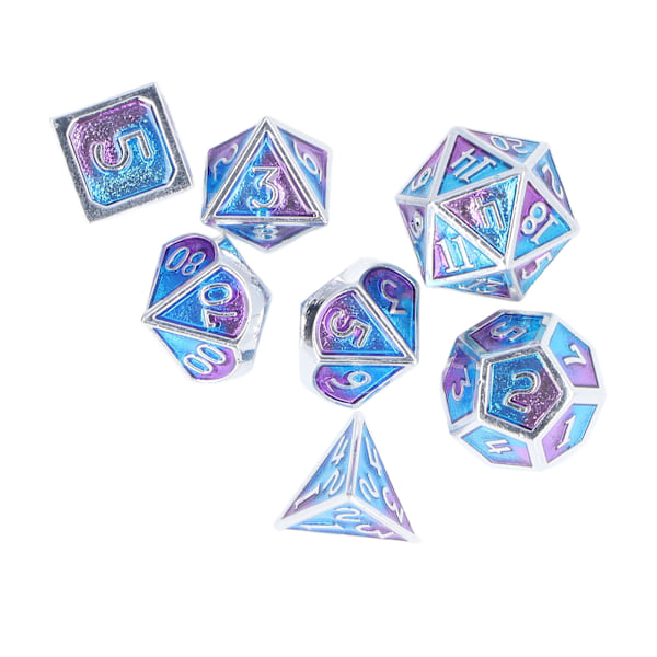 7-delad polyhedral tärningssats i metall för rollspel med förvaringslåda för brädspel och matematikundervisning, blå och lila