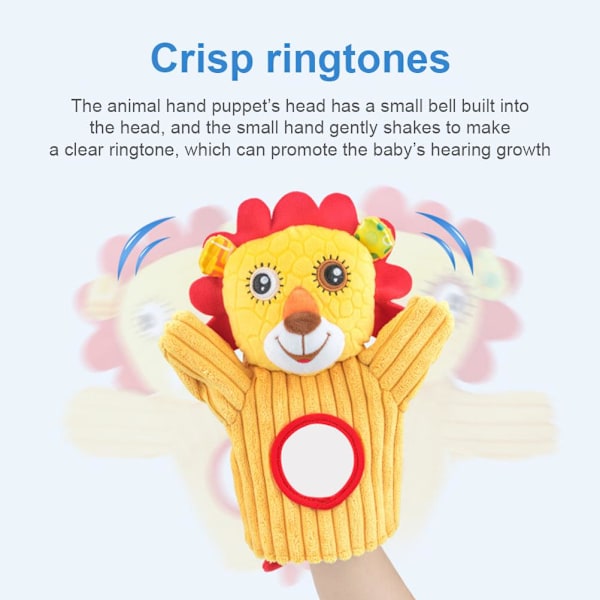 Cartoon Animal Puppet med Ring Rattles och Distorting Mirror för Storytelling Teaching Rollspel Förskola